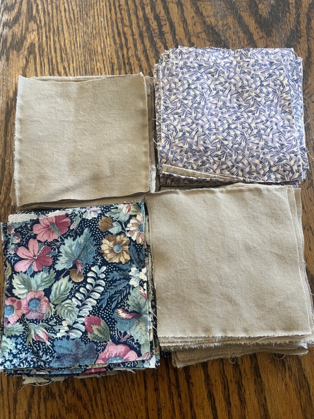 Assorted Cotton Fabric quilt Squares - Beige, Navy Floral & Lavender Prints